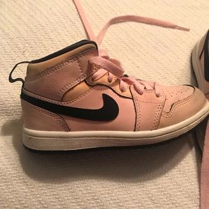 Nike Girl mid-rise hi-tops. Size 11.5c.  Pink with navy swoosh. Gently used